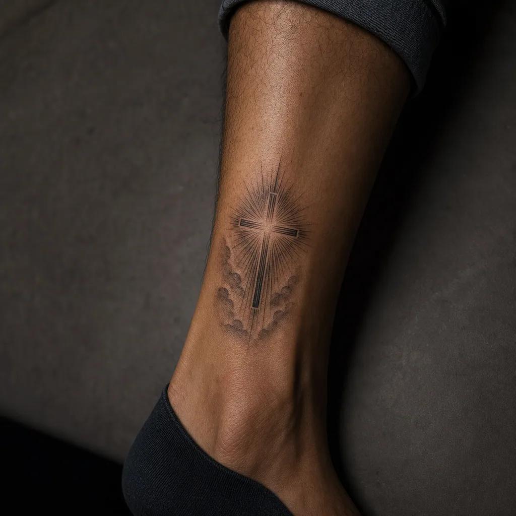 idée tatouage deuil croix lumineuse spirituelle, photo réaliste sur peau