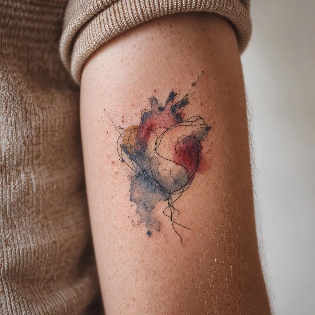 idée tatouage deuil cœur abstrait aquarelle, photo réaliste sur peau
