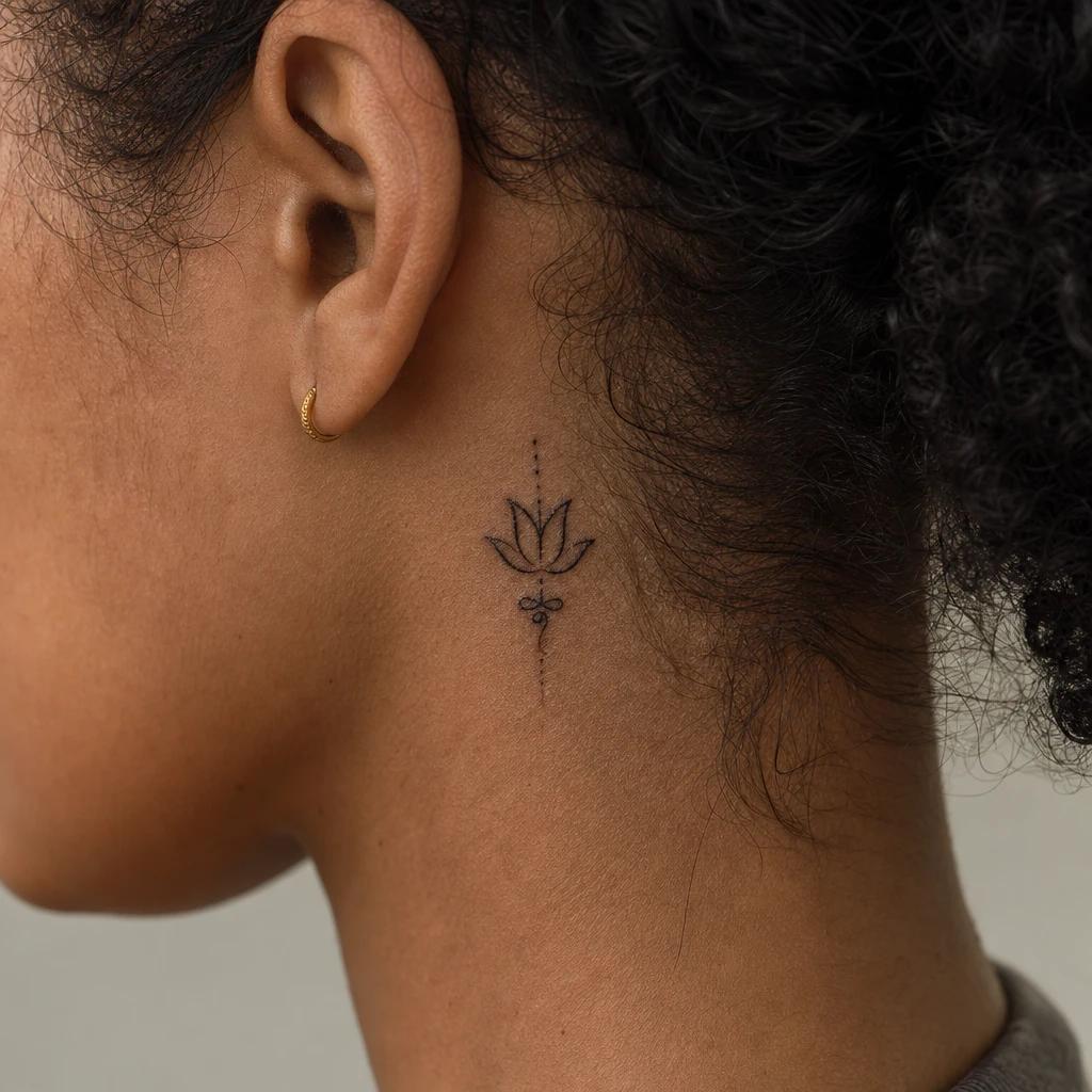 idée tatouage discret femme symbole derrière l'oreille, photo réaliste sur peau