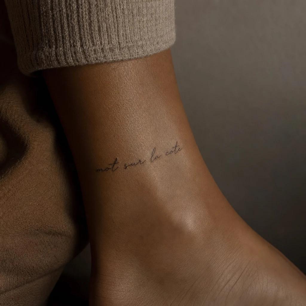 idée tatouage discret femme mot sur la côte, photo réaliste sur peau