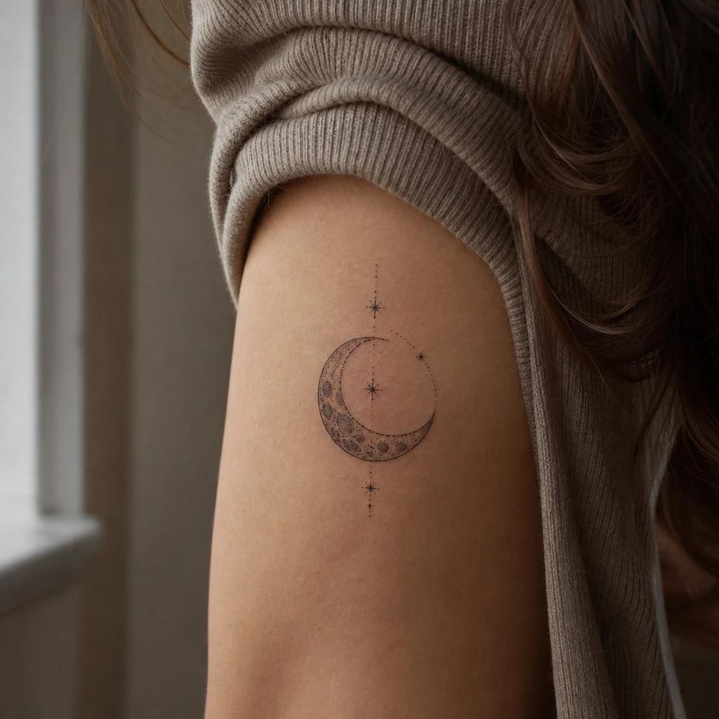 idée tatouage discret femme lune sur la nuque, photo réaliste sur peau