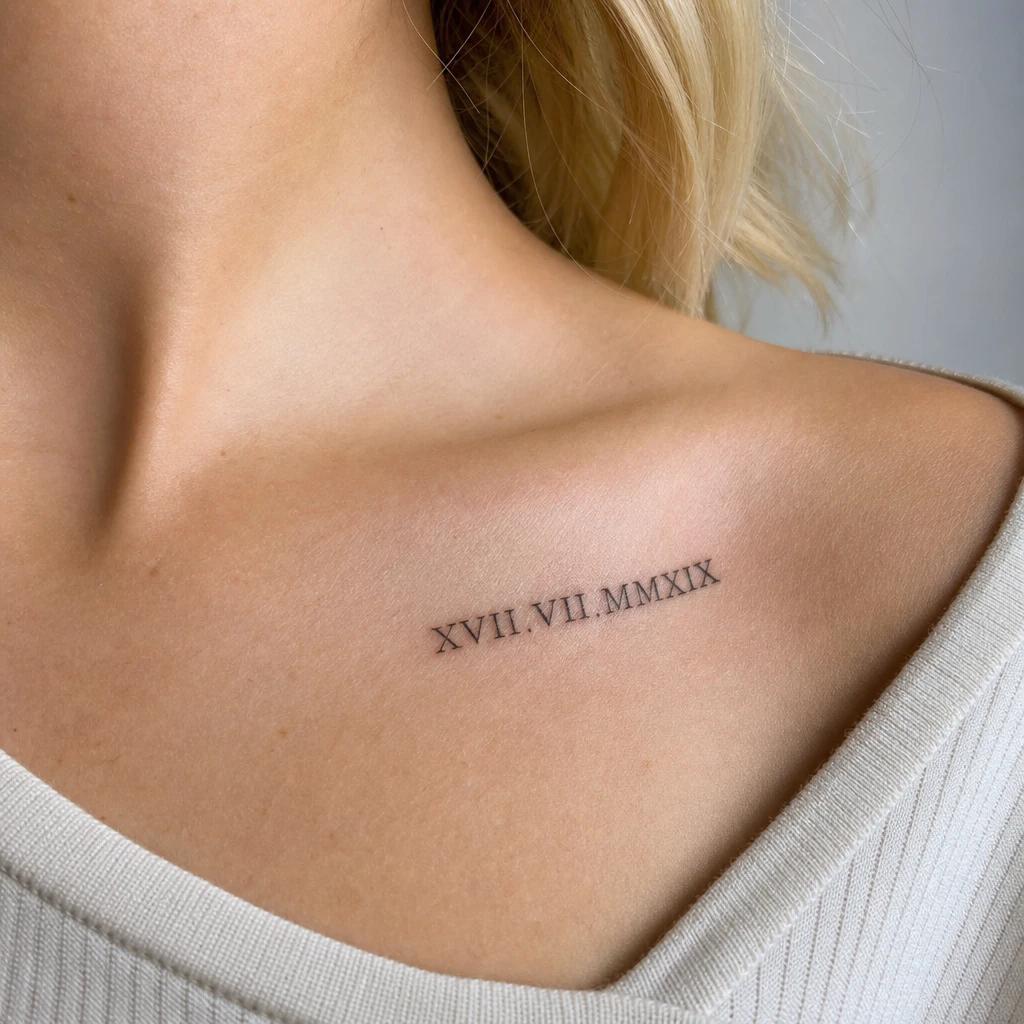 idée tatouage discret femme date chiffres romains, photo réaliste sur peau