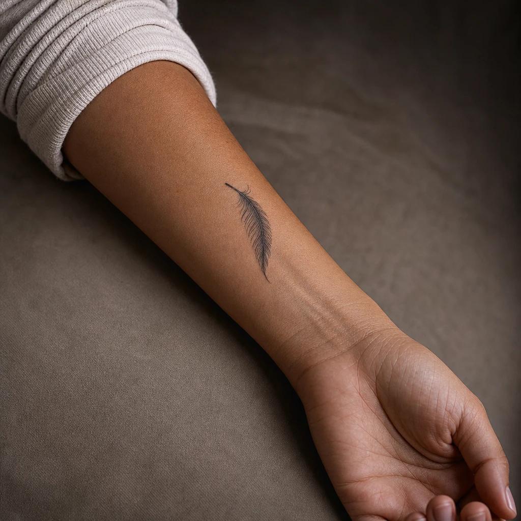 idée tatouage discret femme plume derrière l'oreille, photo réaliste sur peau