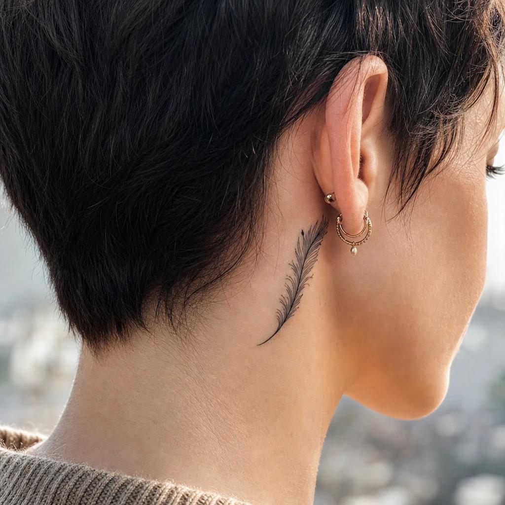 idée tatouage discret femme plume derrière l'oreille, photo réaliste sur peau