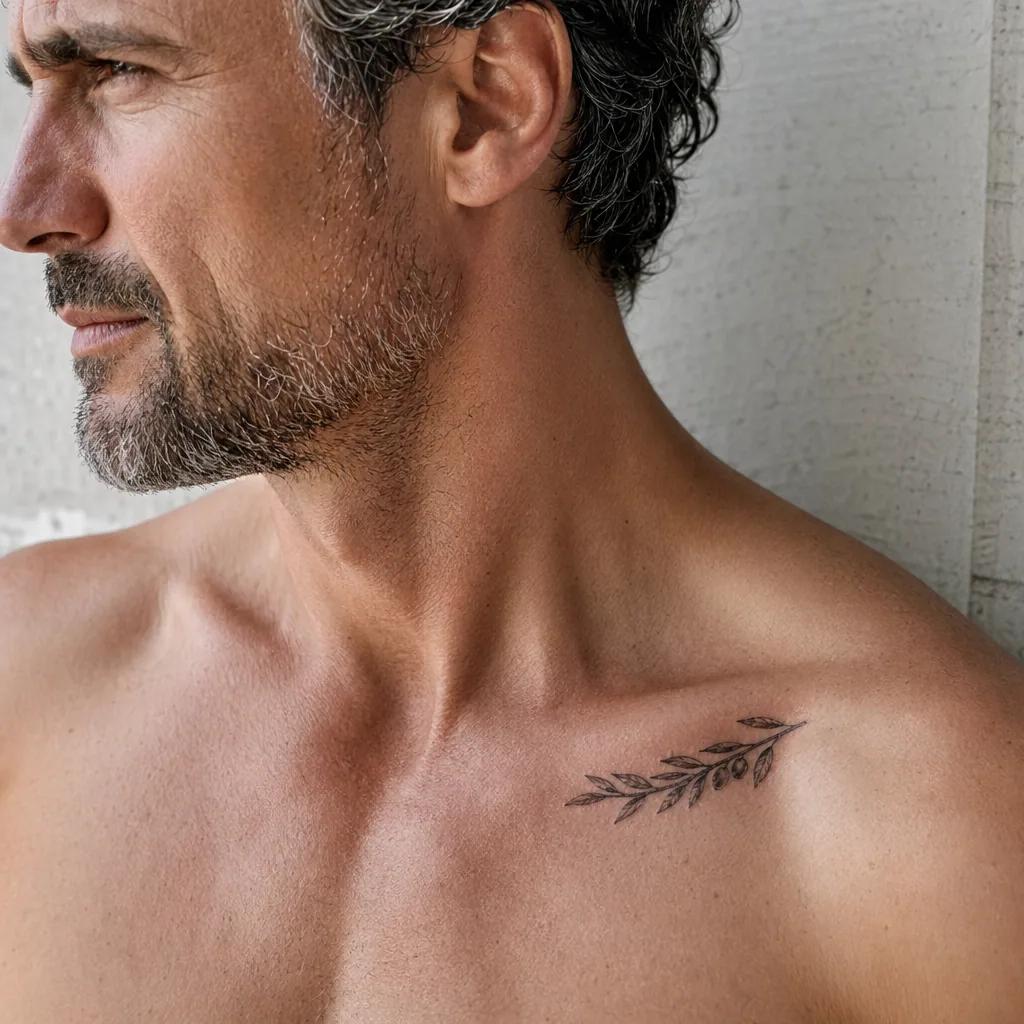 idée tatouage discret homme petite branche d'olivier, photo réaliste sur peau