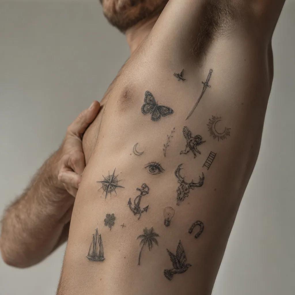 idée tatouage discret homme patchwork petits motifs hommes, photo réaliste sur peau