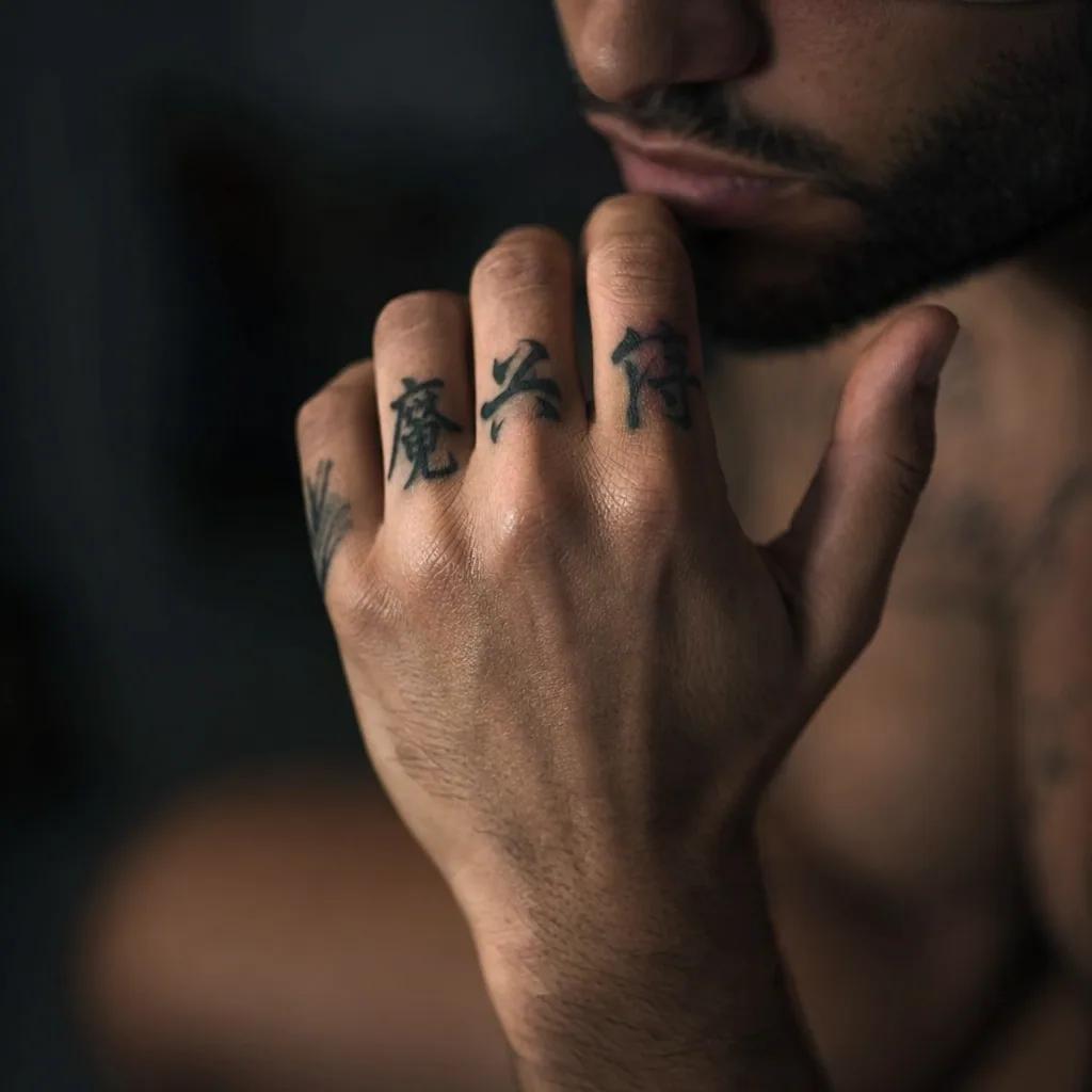 idée tatouage doigt kanji japonais, photo réaliste sur peau
