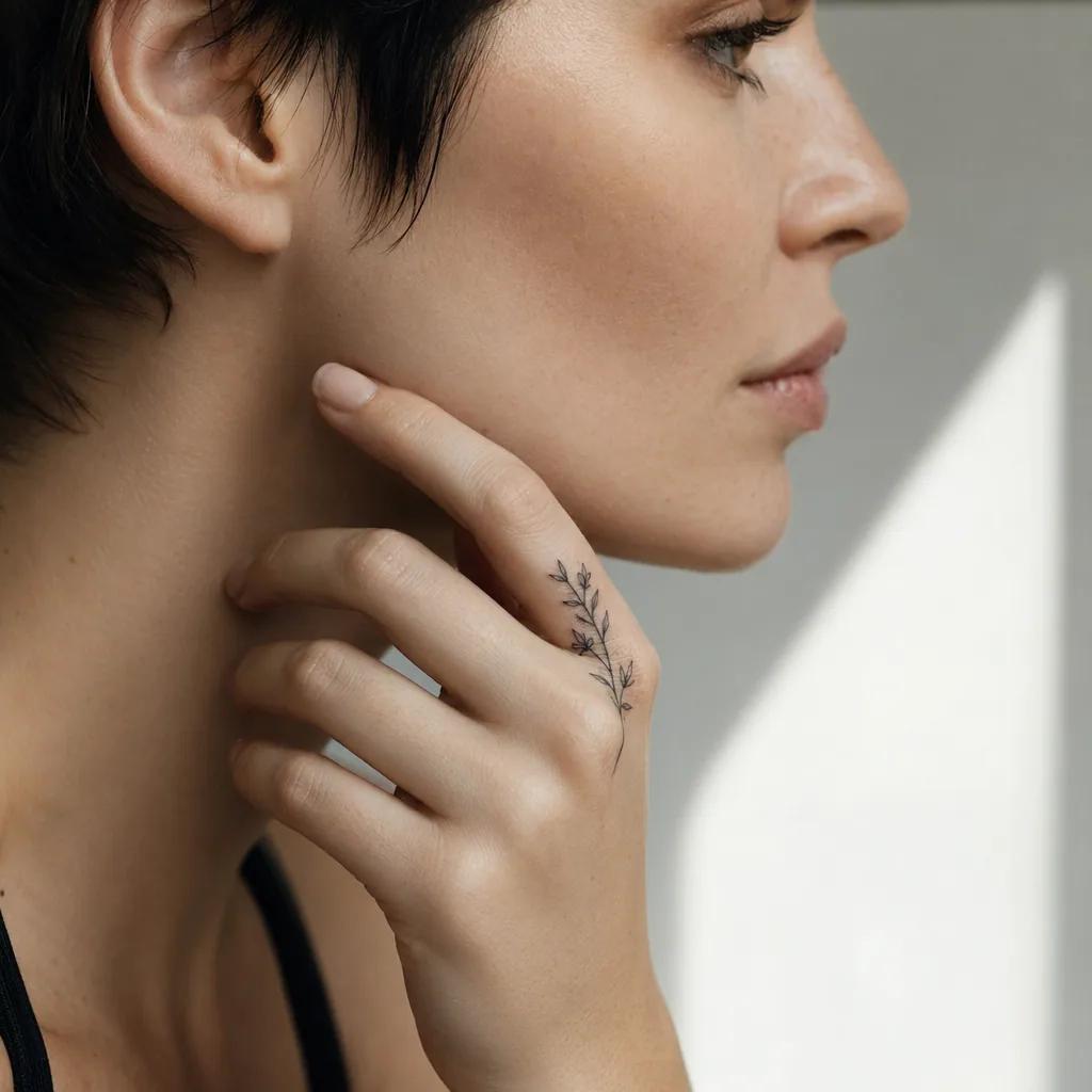idée tatouage doigt branche florale fine, photo réaliste sur peau