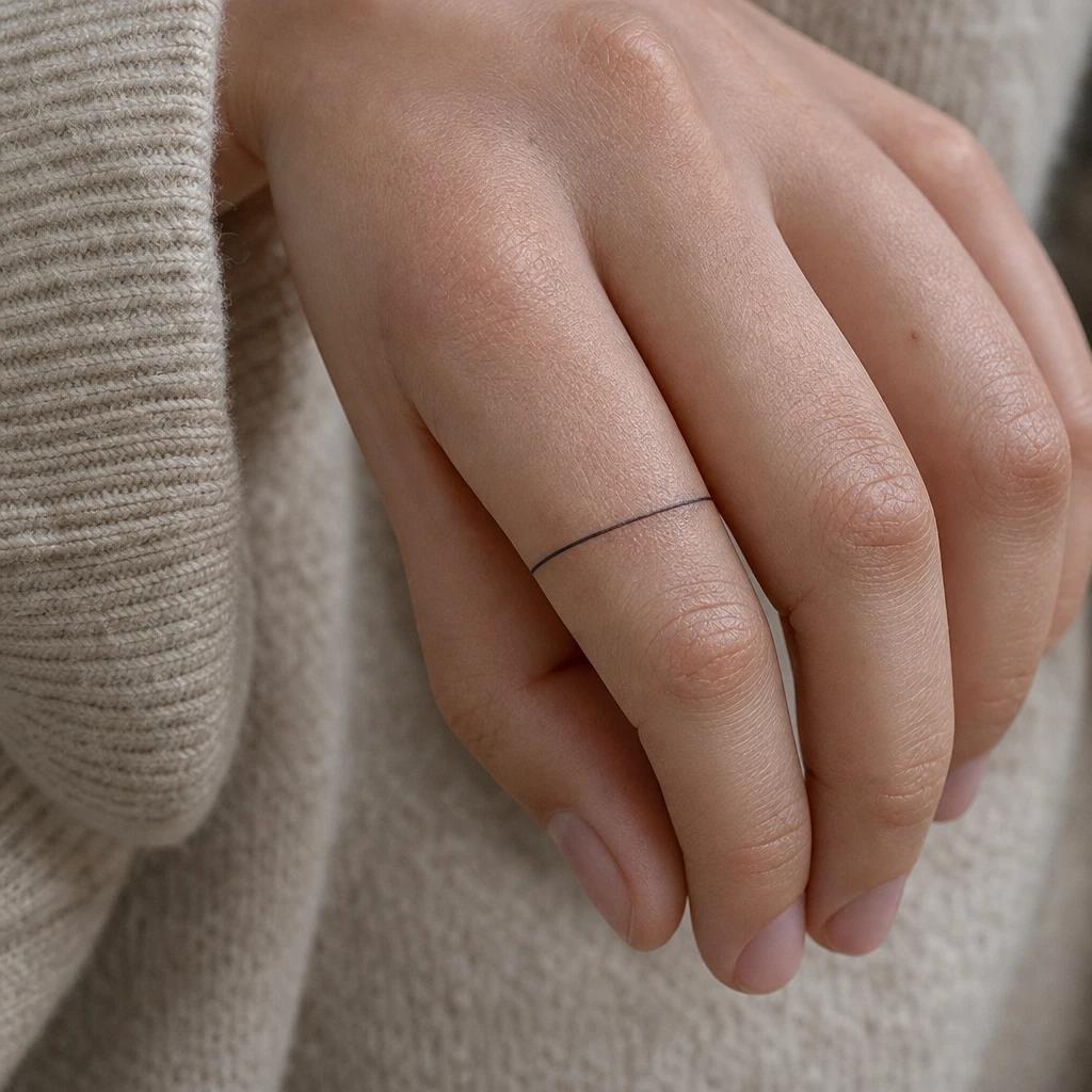 idée tatouage doigt femme anneau fin minimaliste, photo réaliste sur peau
