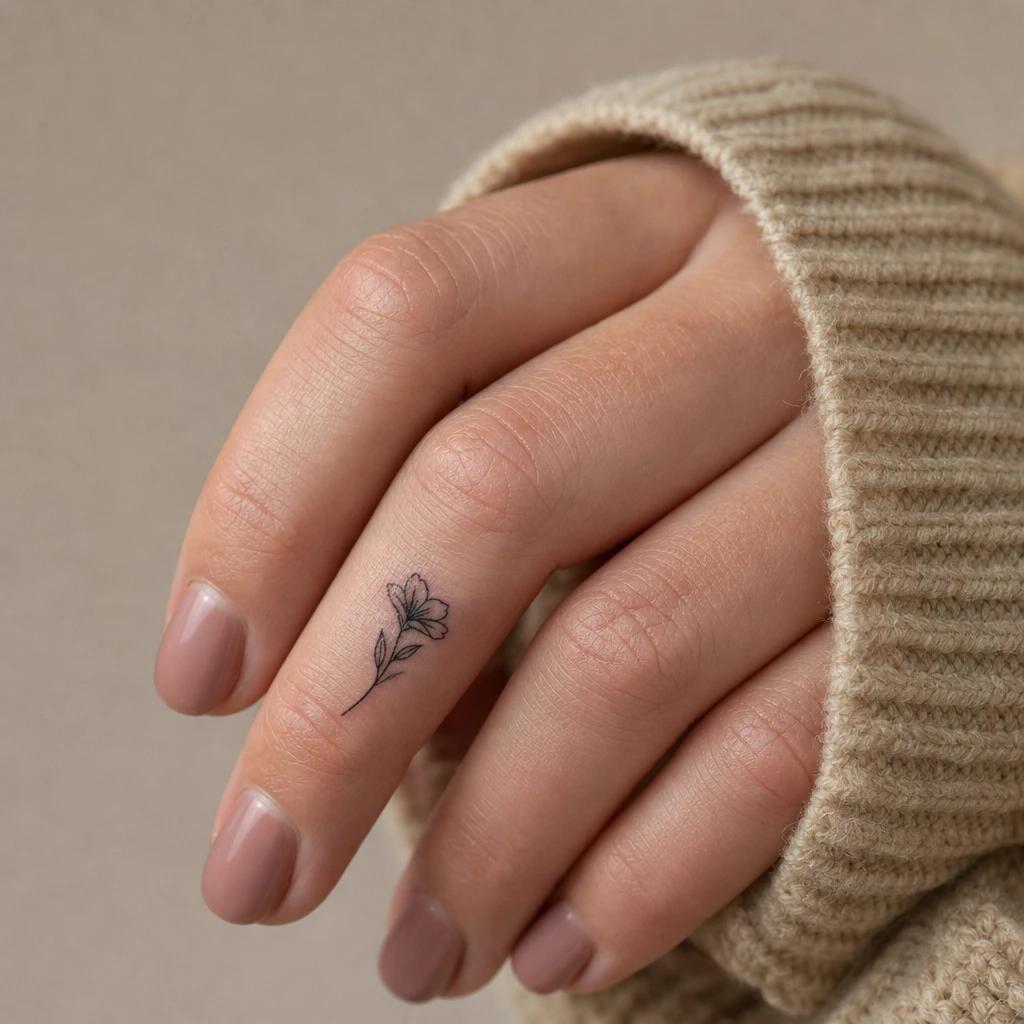 idée tatouage doigt femme petite fleur sur doigt, photo réaliste sur peau