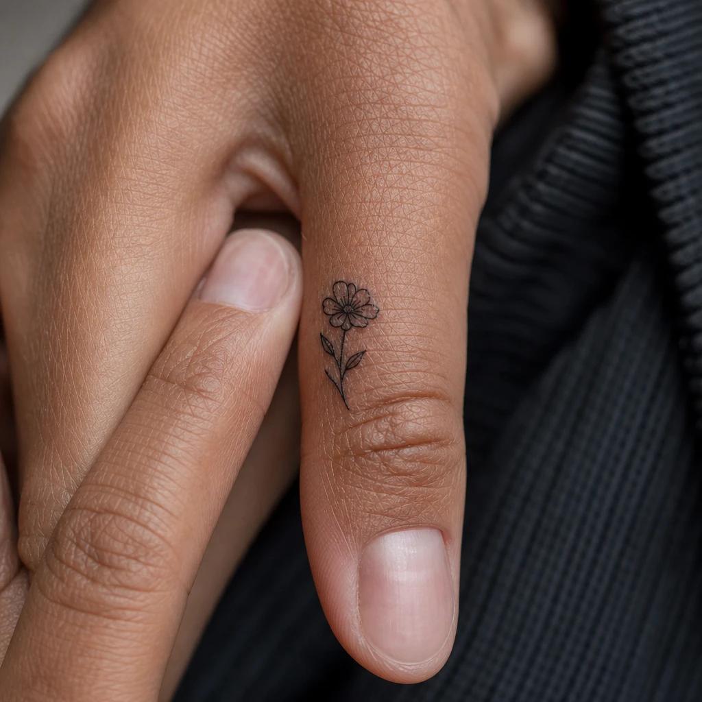 idée tatouage doigt femme petite fleur sur doigt, photo réaliste sur peau