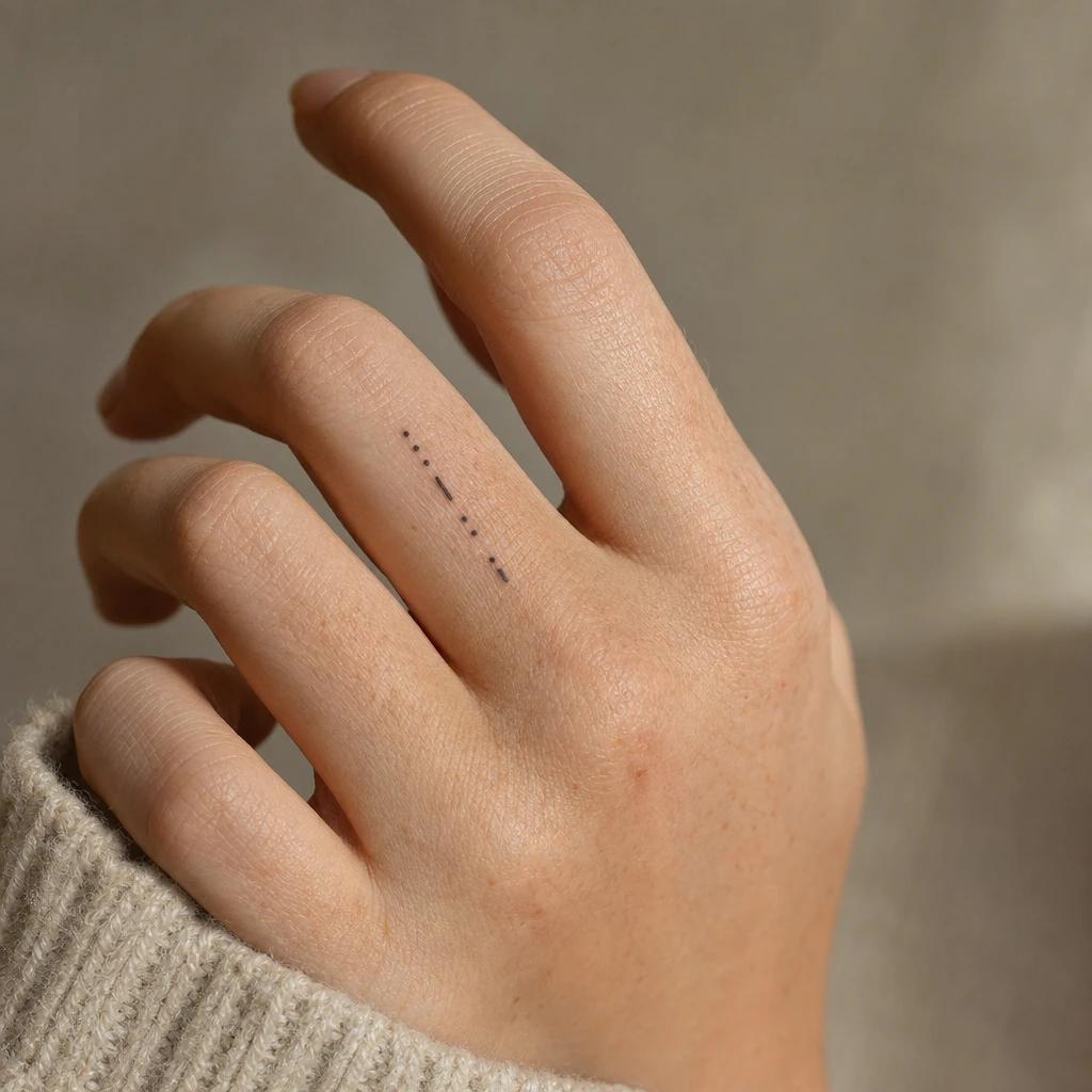 idée tatouage doigt femme points et tirets, photo réaliste sur peau