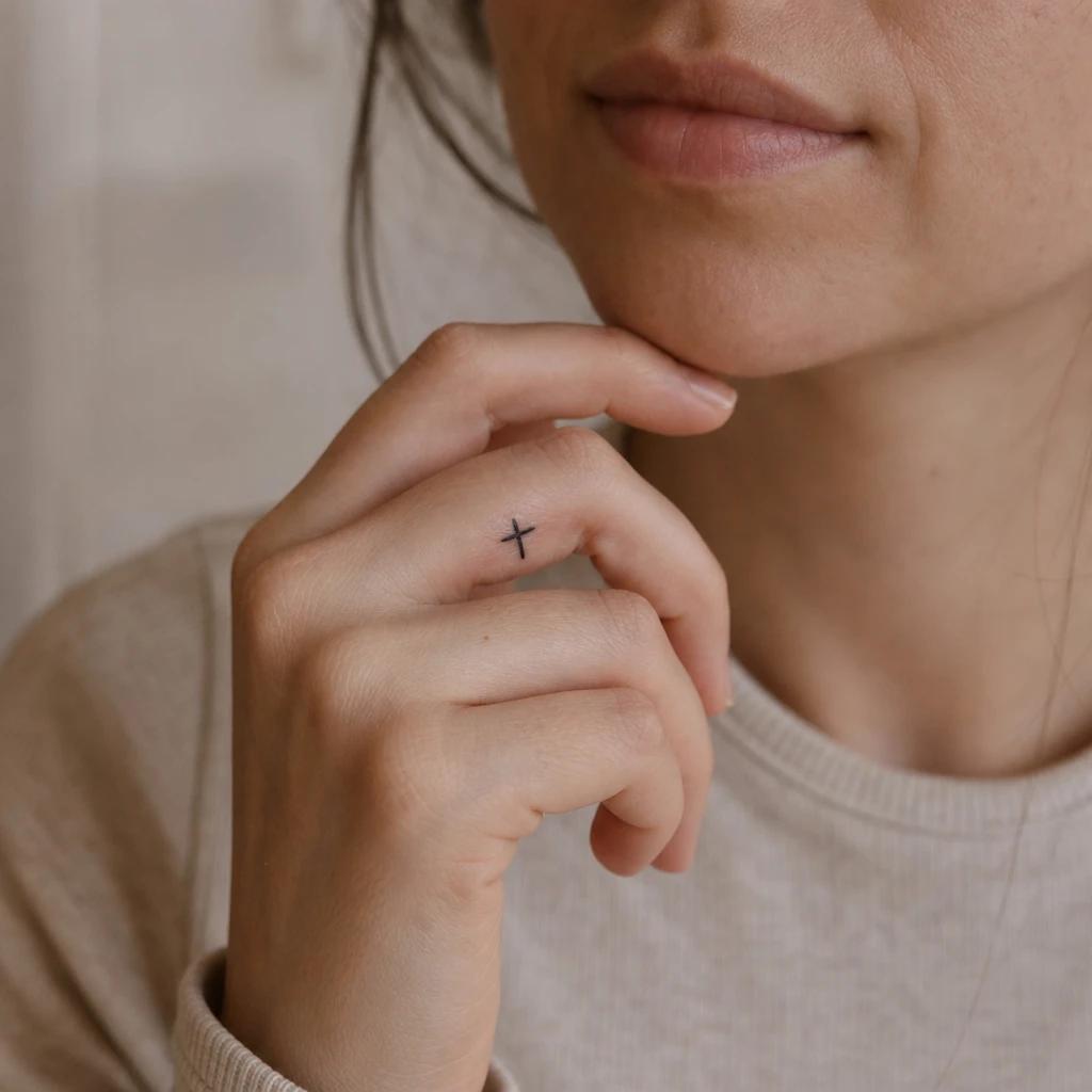 idée tatouage doigt femme petite croix, photo réaliste sur peau