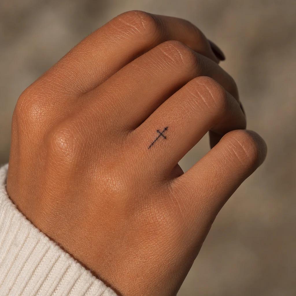 idée tatouage doigt femme petite croix, photo réaliste sur peau