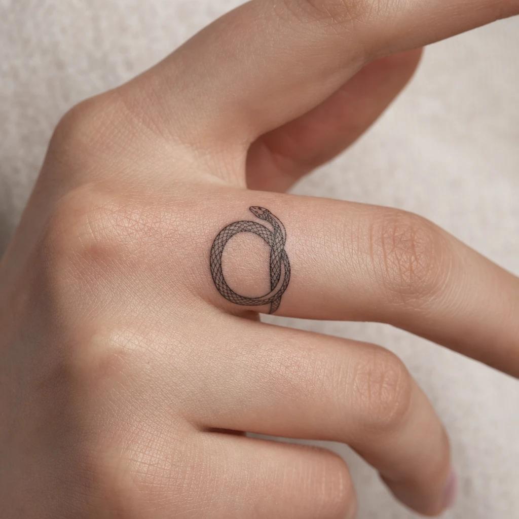idée tatouage doigt femme serpent anneau, photo réaliste sur peau
