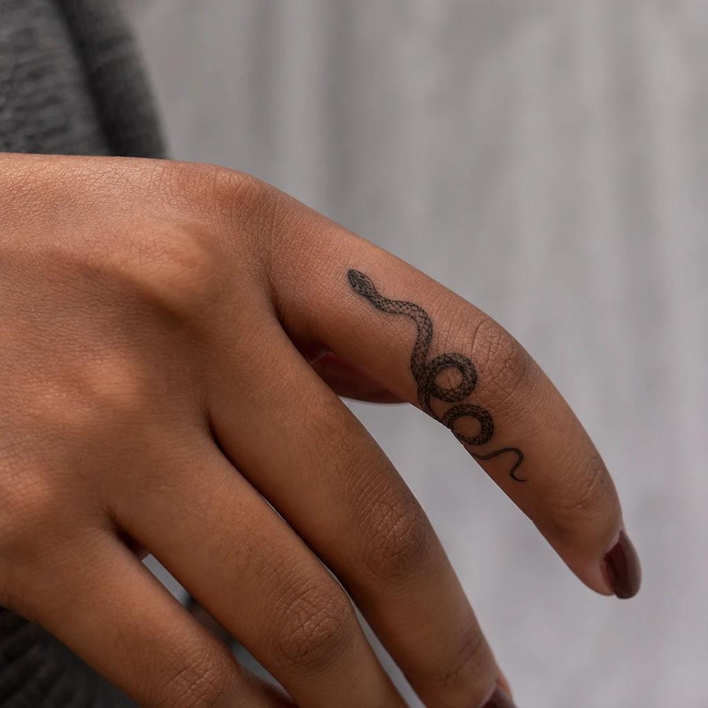 idée tatouage doigt femme serpent anneau, photo réaliste sur peau