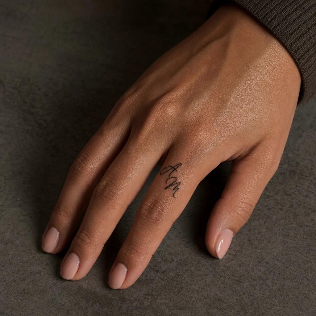 idée tatouage doigt femme initiales, photo réaliste sur peau