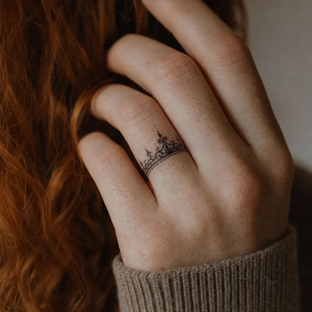 idée tatouage doigt femme couronne fine, photo réaliste sur peau