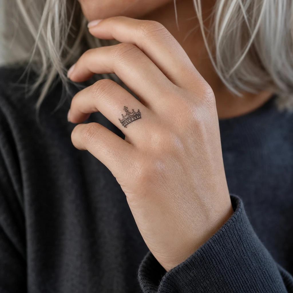 idée tatouage doigt femme couronne fine, photo réaliste sur peau