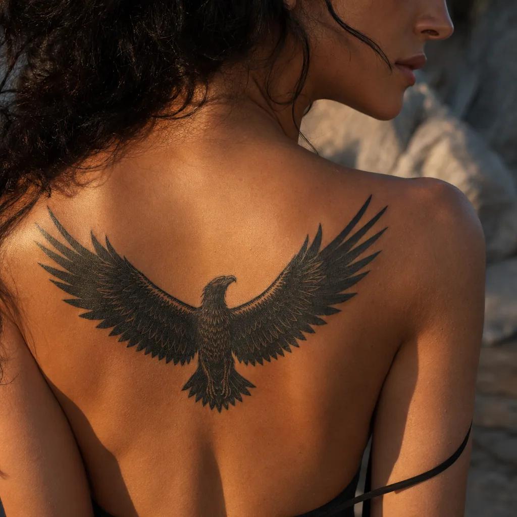 idée tatouage dos aigle blackwork ailes déployées, photo réaliste sur peau