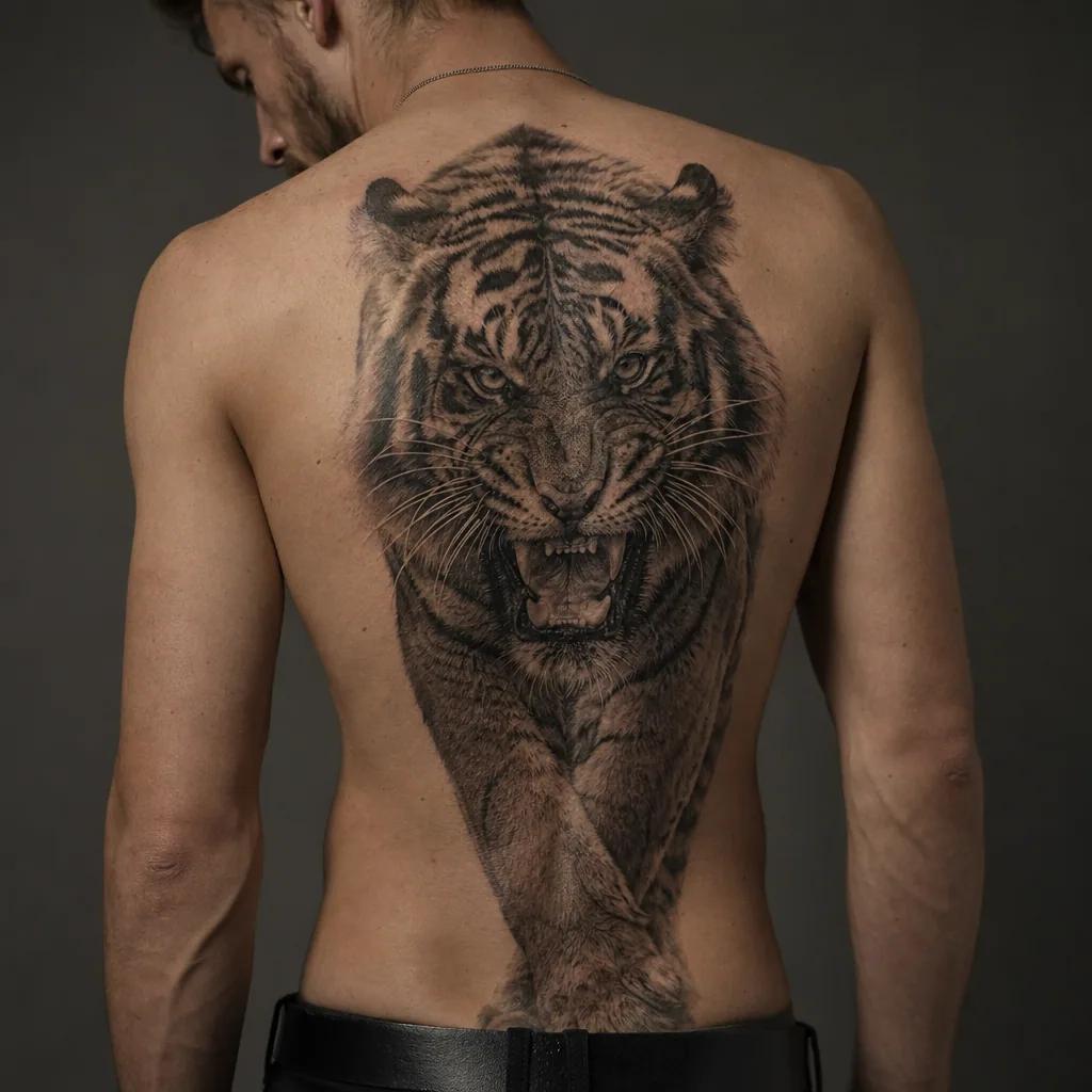 idée tatouage dos tigre réaliste rugissant, photo réaliste sur peau