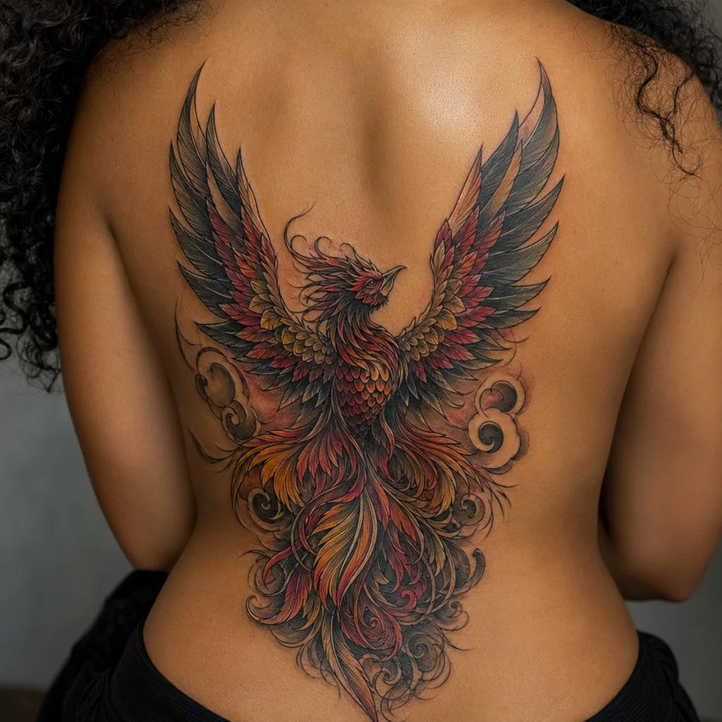 idée tatouage dos phénix néo-traditionnel, photo réaliste sur peau