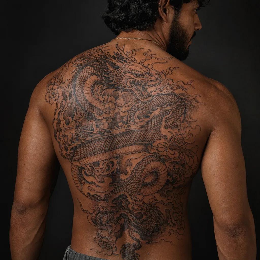 idée tatouage dos dragon japonais sinueux, photo réaliste sur peau