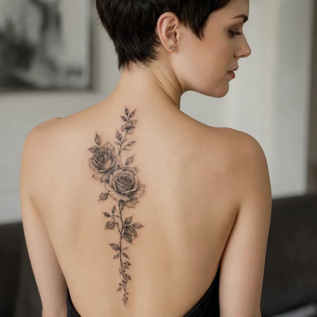 idée tatouage dos roses florales descendantes, photo réaliste sur peau