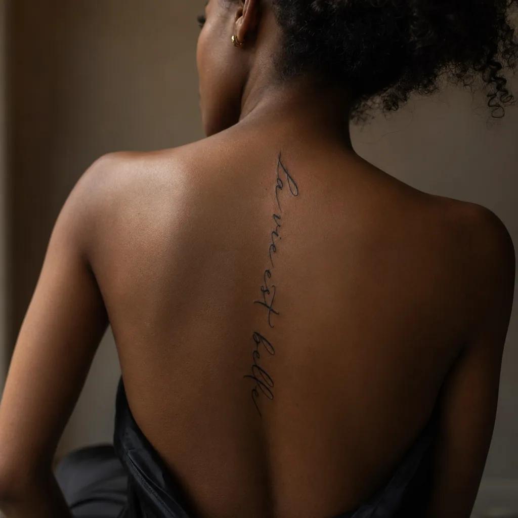 idée tatouage dos phrase verticale calligraphiée, photo réaliste sur peau