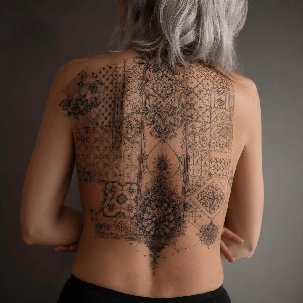 idée tatouage dos patchwork dorsal éclectique, photo réaliste sur peau
