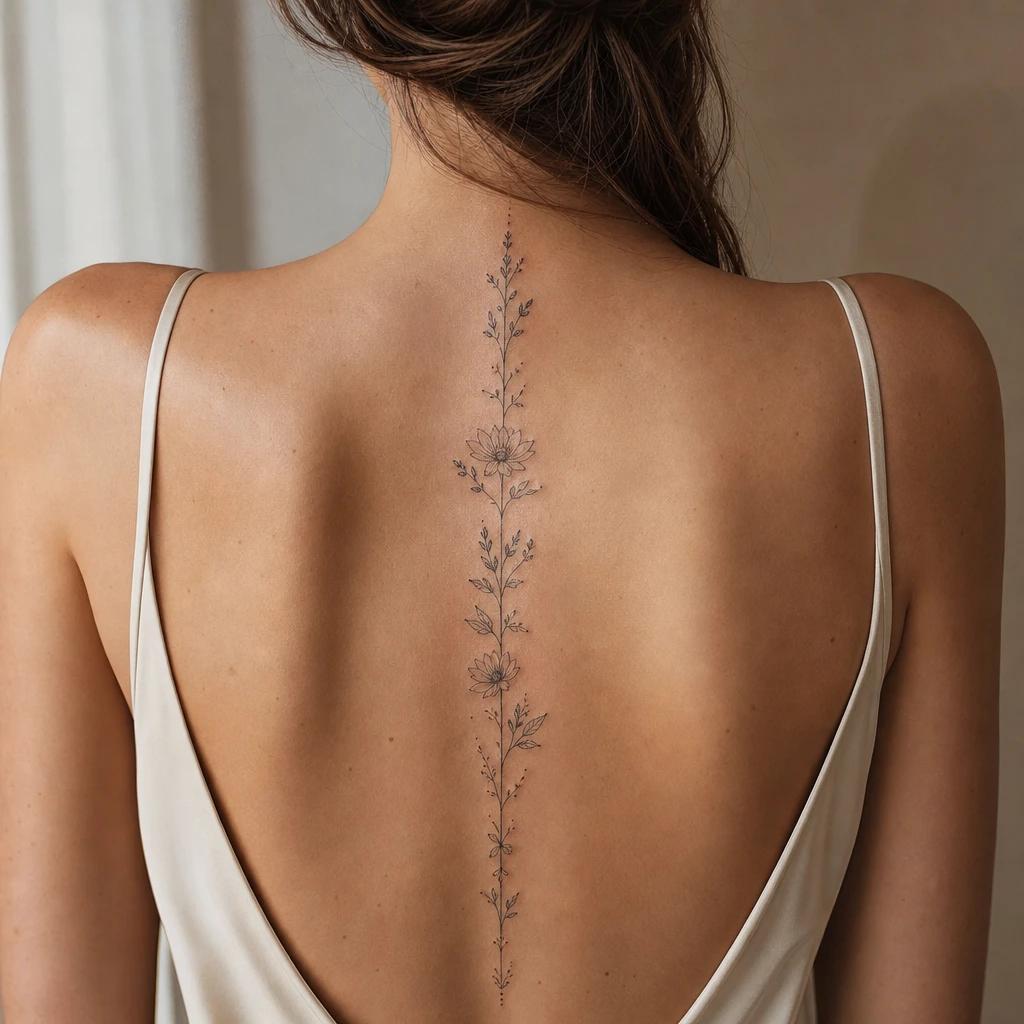 idée tatouage dos femme colonne florale fine line, photo réaliste sur peau