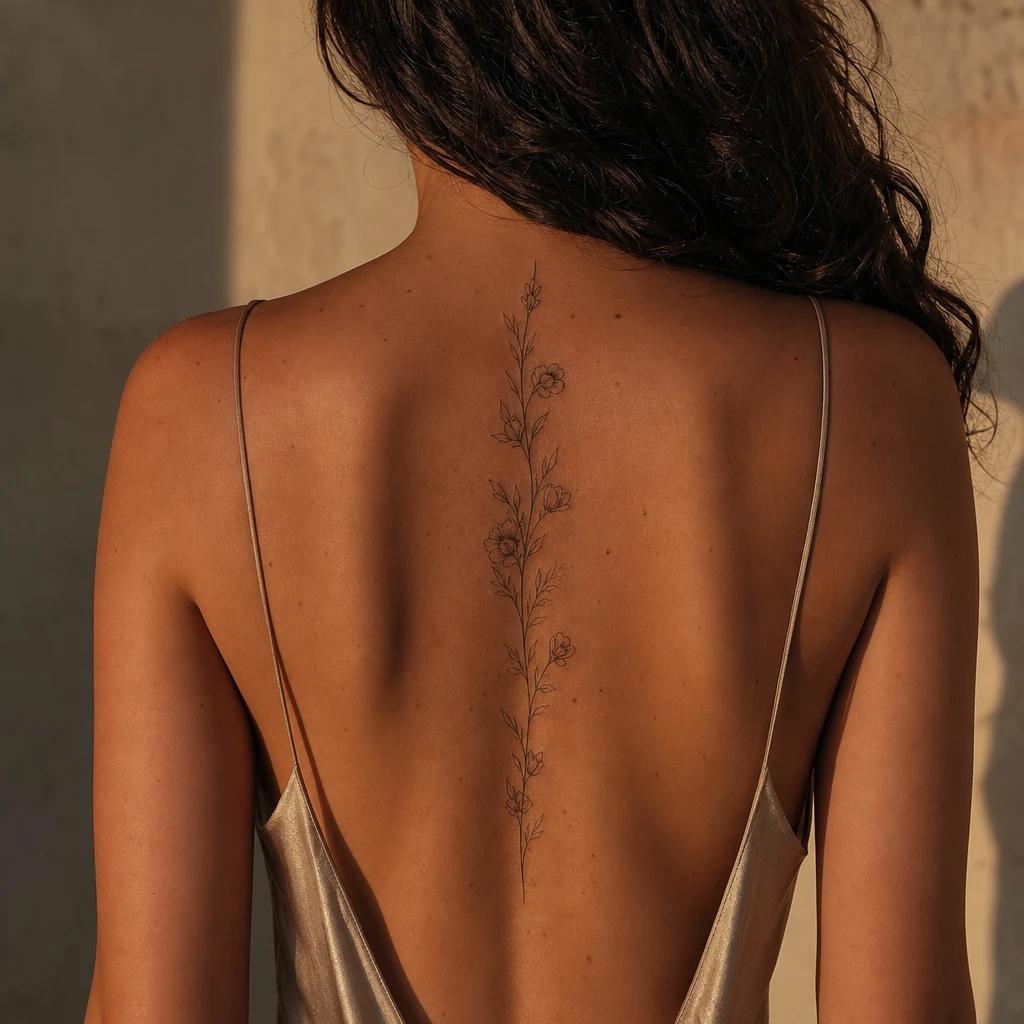 idée tatouage dos femme colonne florale fine line, photo réaliste sur peau