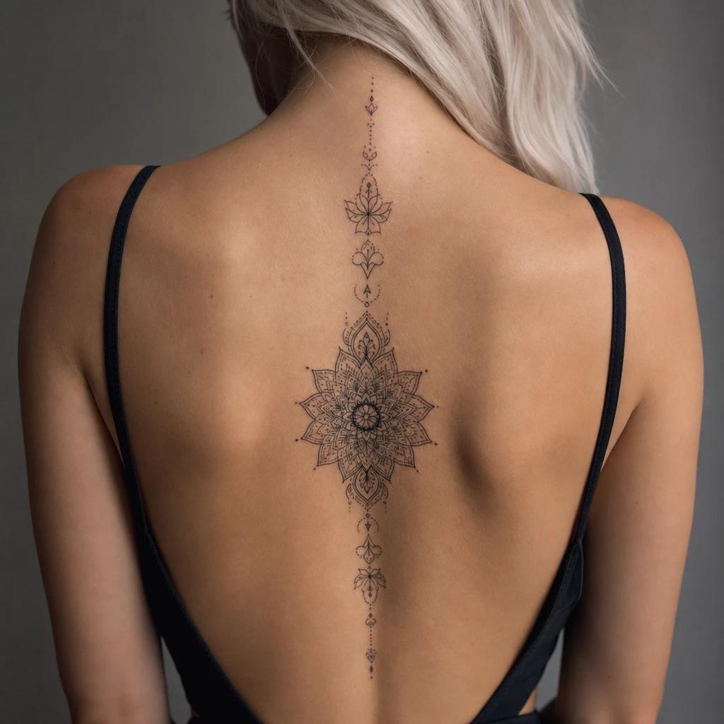 idée tatouage dos femme mandala dorsal central, photo réaliste sur peau