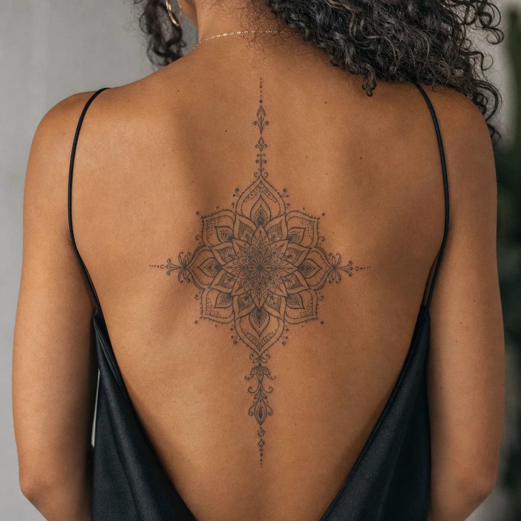 idée tatouage dos femme mandala dorsal central, photo réaliste sur peau