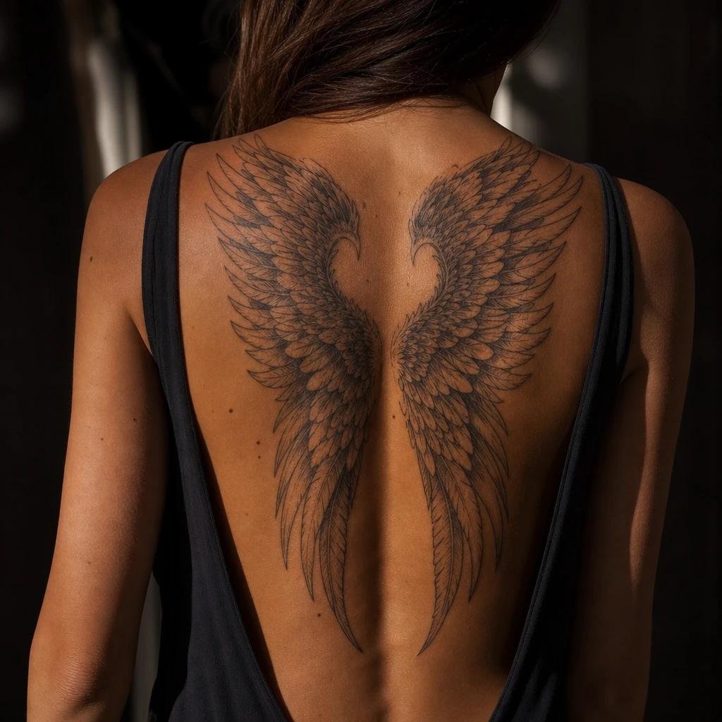 idée tatouage dos femme ailes d'ange omoplates, photo réaliste sur peau