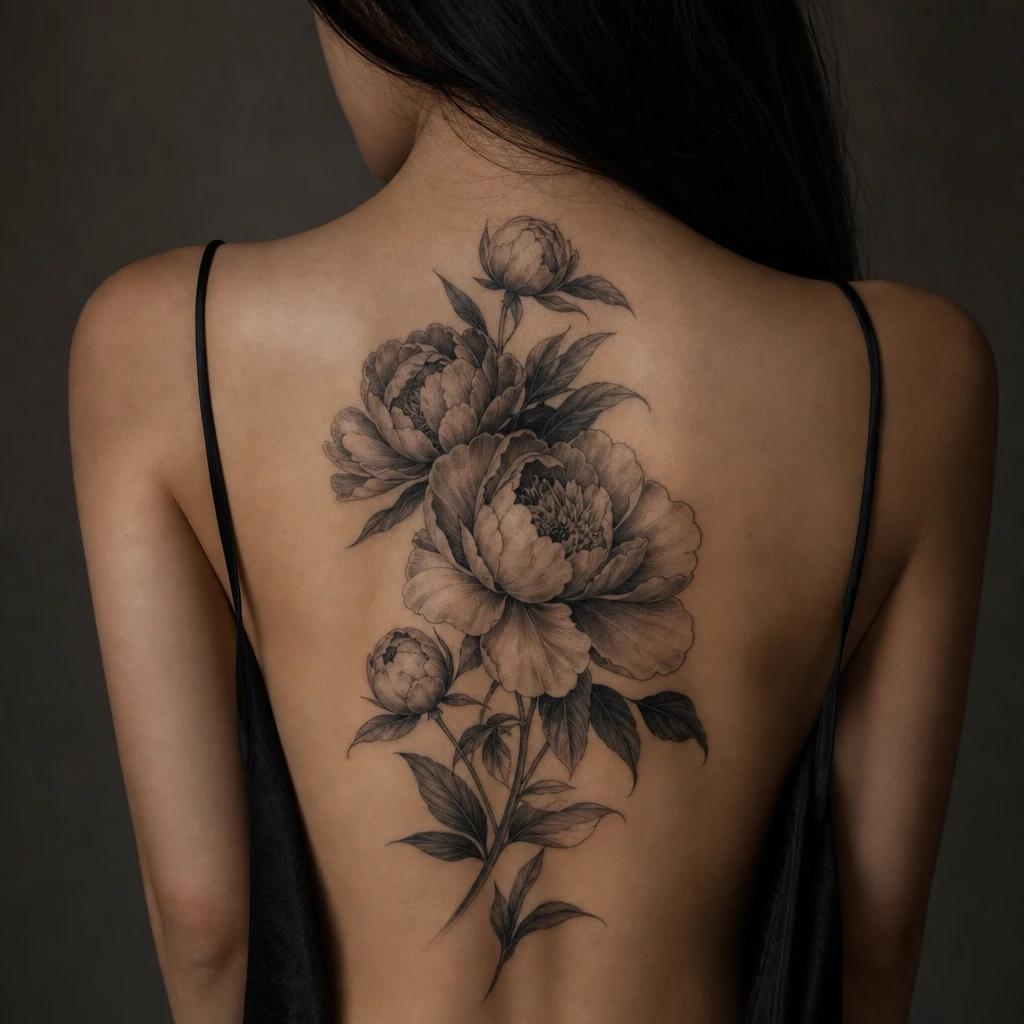 idée tatouage dos femme pivoines réalistes omoplate, photo réaliste sur peau
