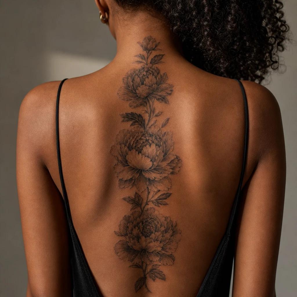 idée tatouage dos femme pivoines réalistes omoplate, photo réaliste sur peau