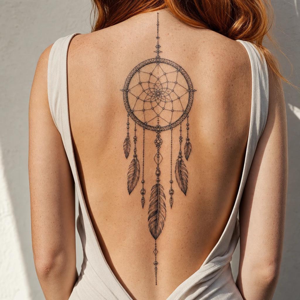 idée tatouage dos femme attrape-rêve dos, photo réaliste sur peau