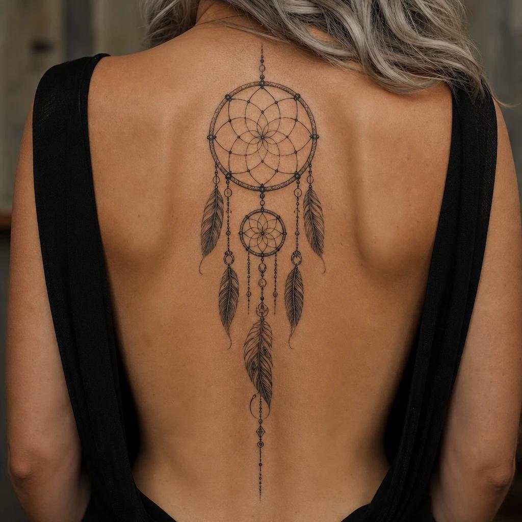 idée tatouage dos femme attrape-rêve dos, photo réaliste sur peau