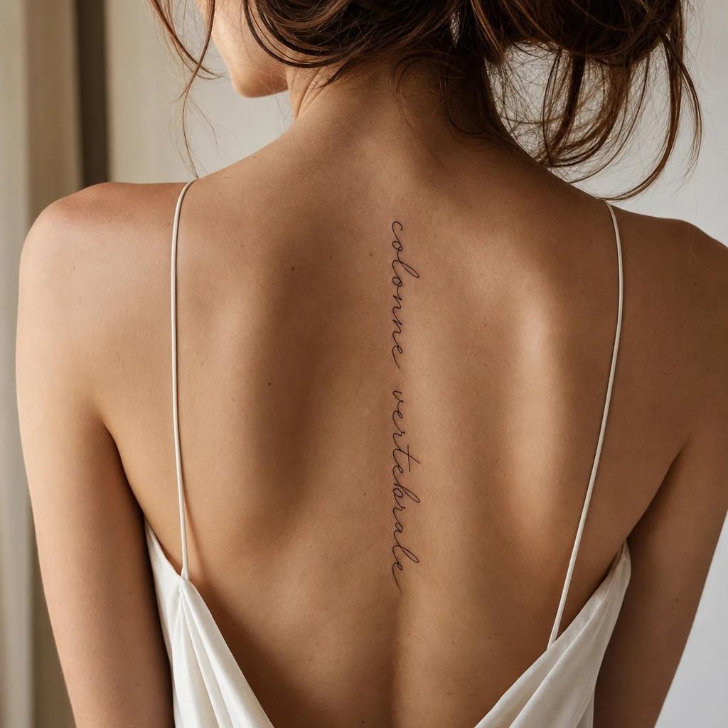 idée tatouage dos femme phrase colonne vertébrale, photo réaliste sur peau