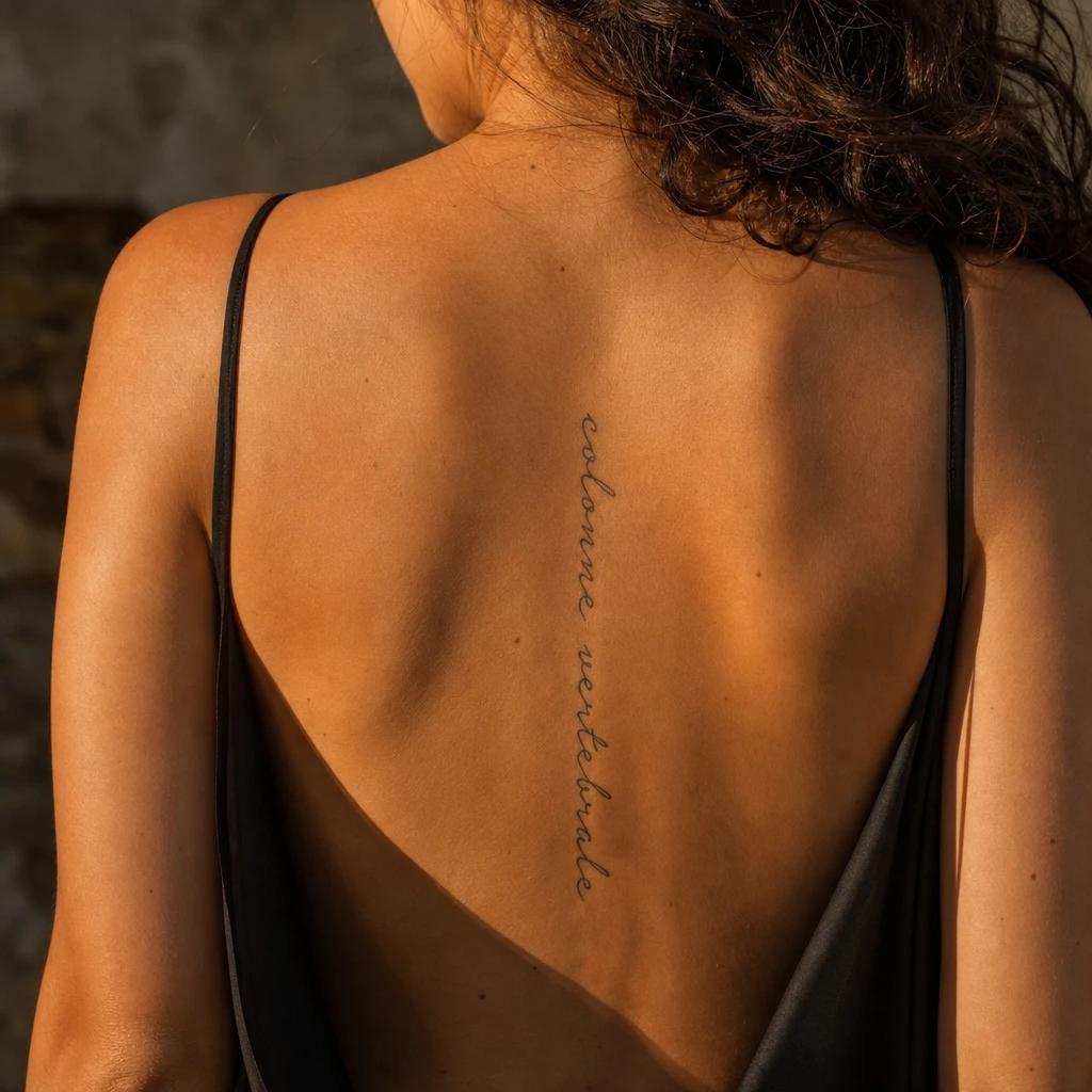 idée tatouage dos femme phrase colonne vertébrale, photo réaliste sur peau