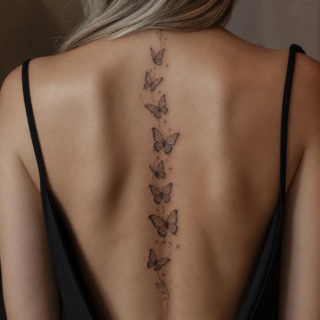 idée tatouage dos femme papillons en cascade, photo réaliste sur peau