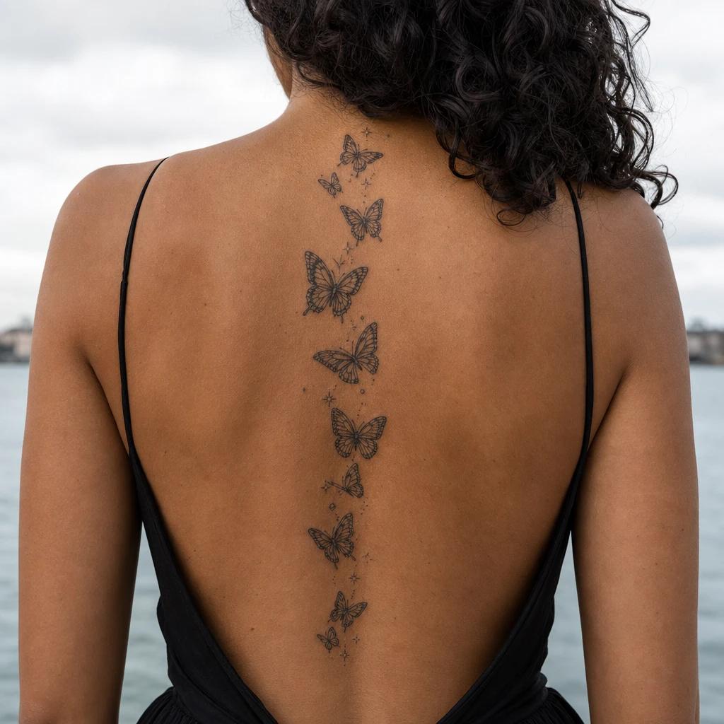 idée tatouage dos femme papillons en cascade, photo réaliste sur peau
