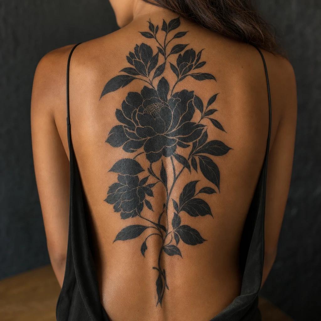idée tatouage dos femme blackwork floral grande pièce, photo réaliste sur peau