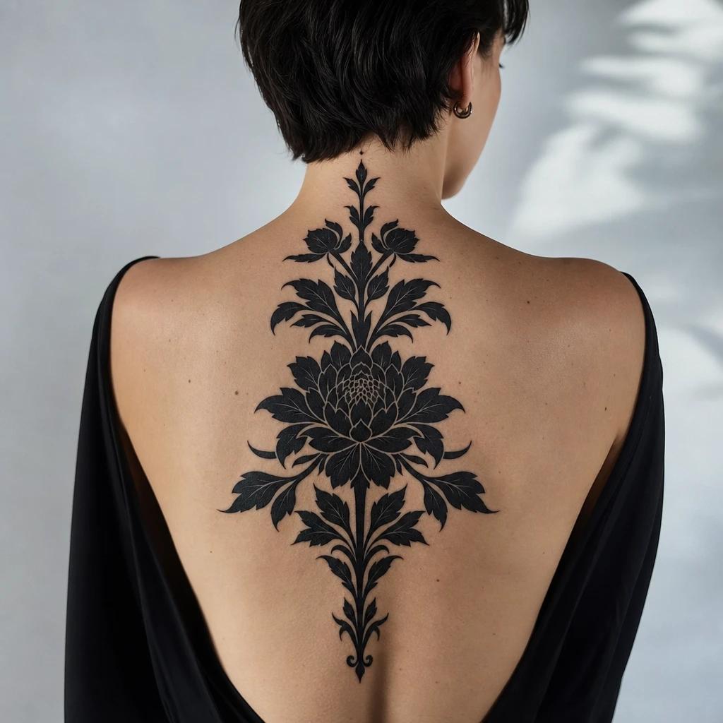 idée tatouage dos femme blackwork floral grande pièce, photo réaliste sur peau