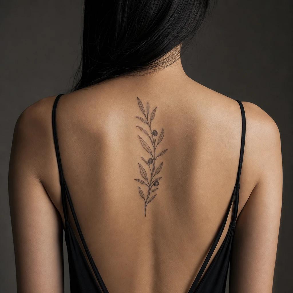 idée tatouage dos femme branche d'olivier sous-nuque, photo réaliste sur peau