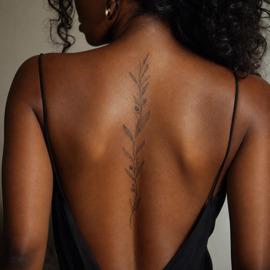 idée tatouage dos femme branche d'olivier sous-nuque, photo réaliste sur peau