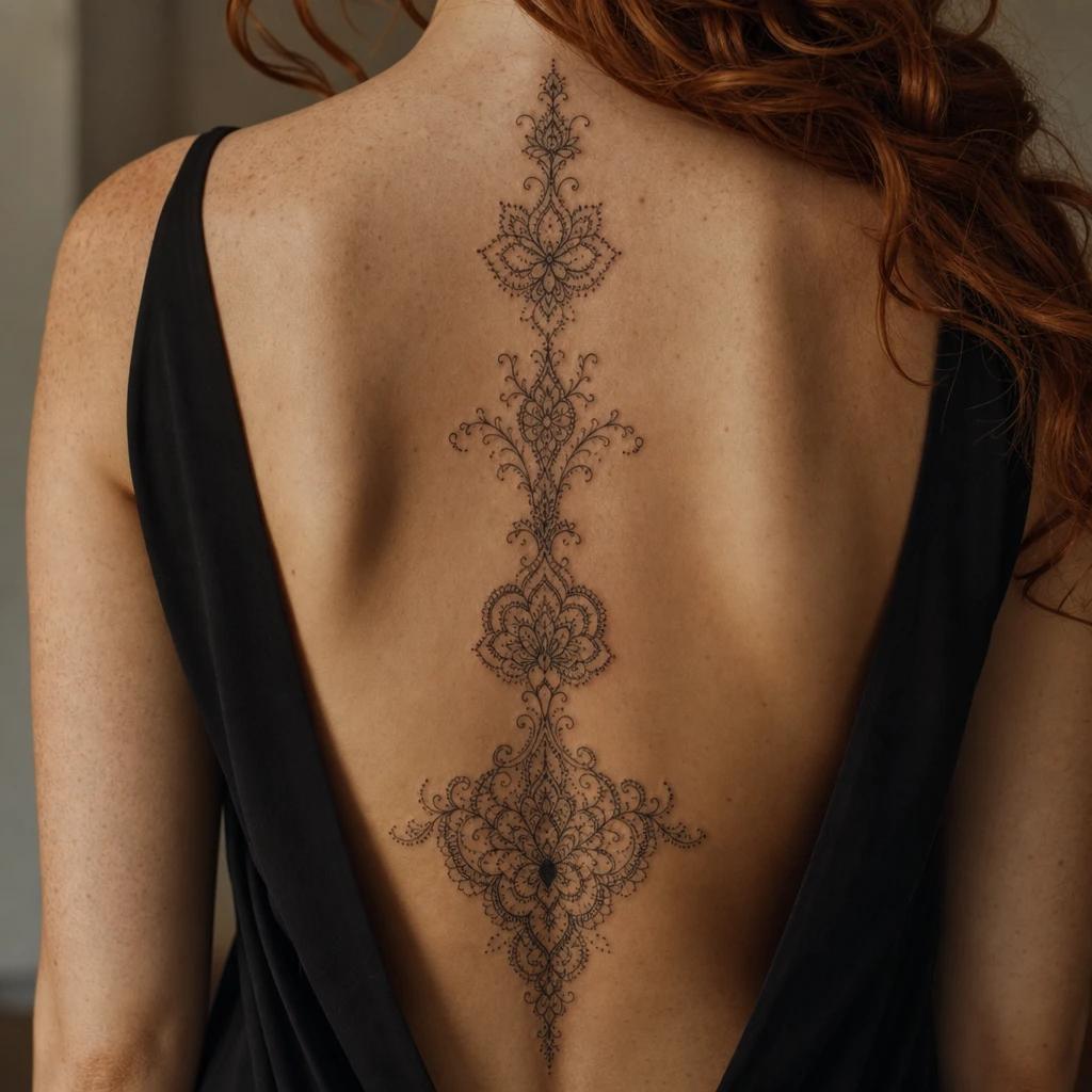 idée tatouage dos femme ornemental dentelle dorsale, photo réaliste sur peau