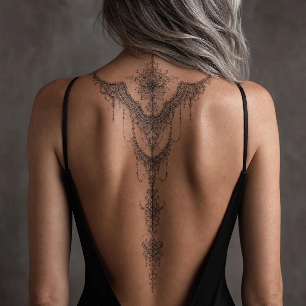 idée tatouage dos femme ornemental dentelle dorsale, photo réaliste sur peau