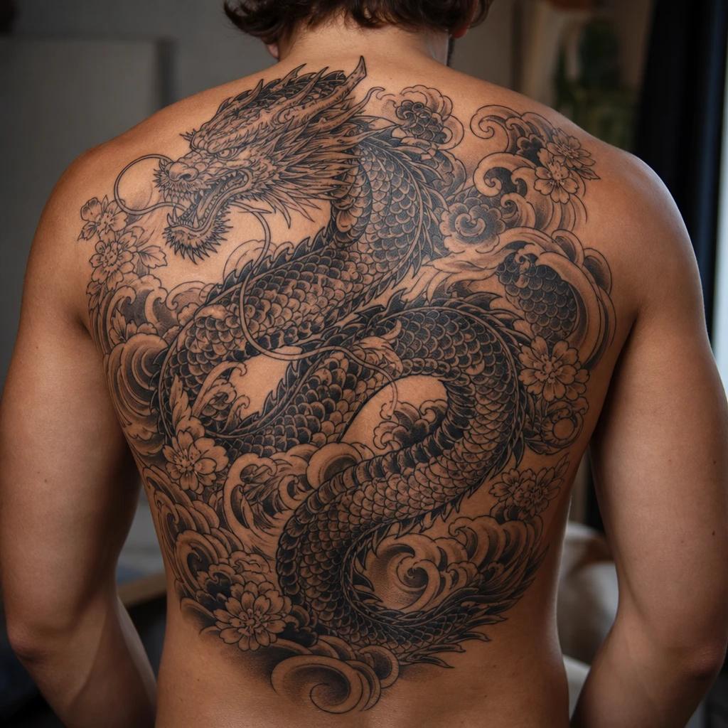 Tatouage dragon japonais créé sur mesure, aperçu réaliste sur le dos d'un homme